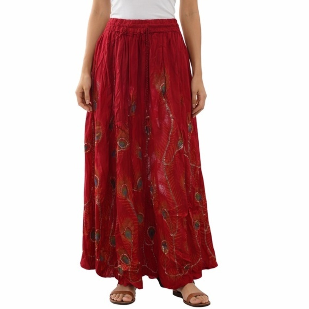 Boho Red Maxi Skirt Peacock Feather Print Sequins India Festival Gypsy OS